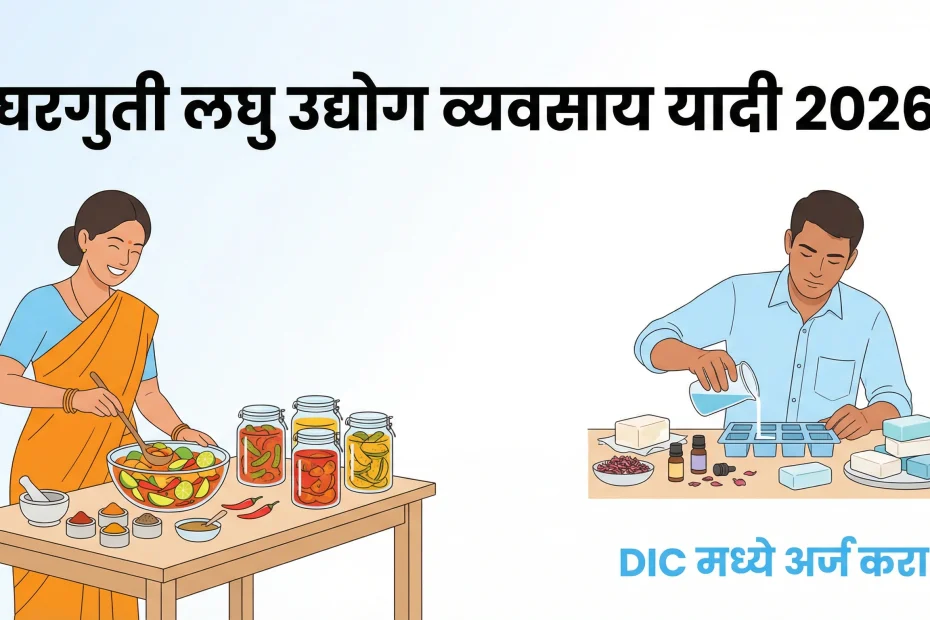 घरगुती लघु उद्योग व्यवसाय यादी मराठी २०२६ थंबनेल - निळ्या पांढऱ्या थीममध्ये महिला पुरुष अचार साबण व्यवसाय DIC योजना